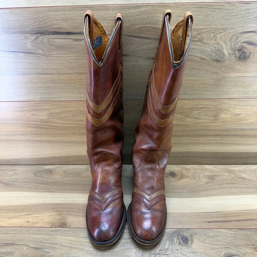 Miss Capezio Vintage Tall Western Boots 6 M Whiskey Cognac Chevron Boho Festival